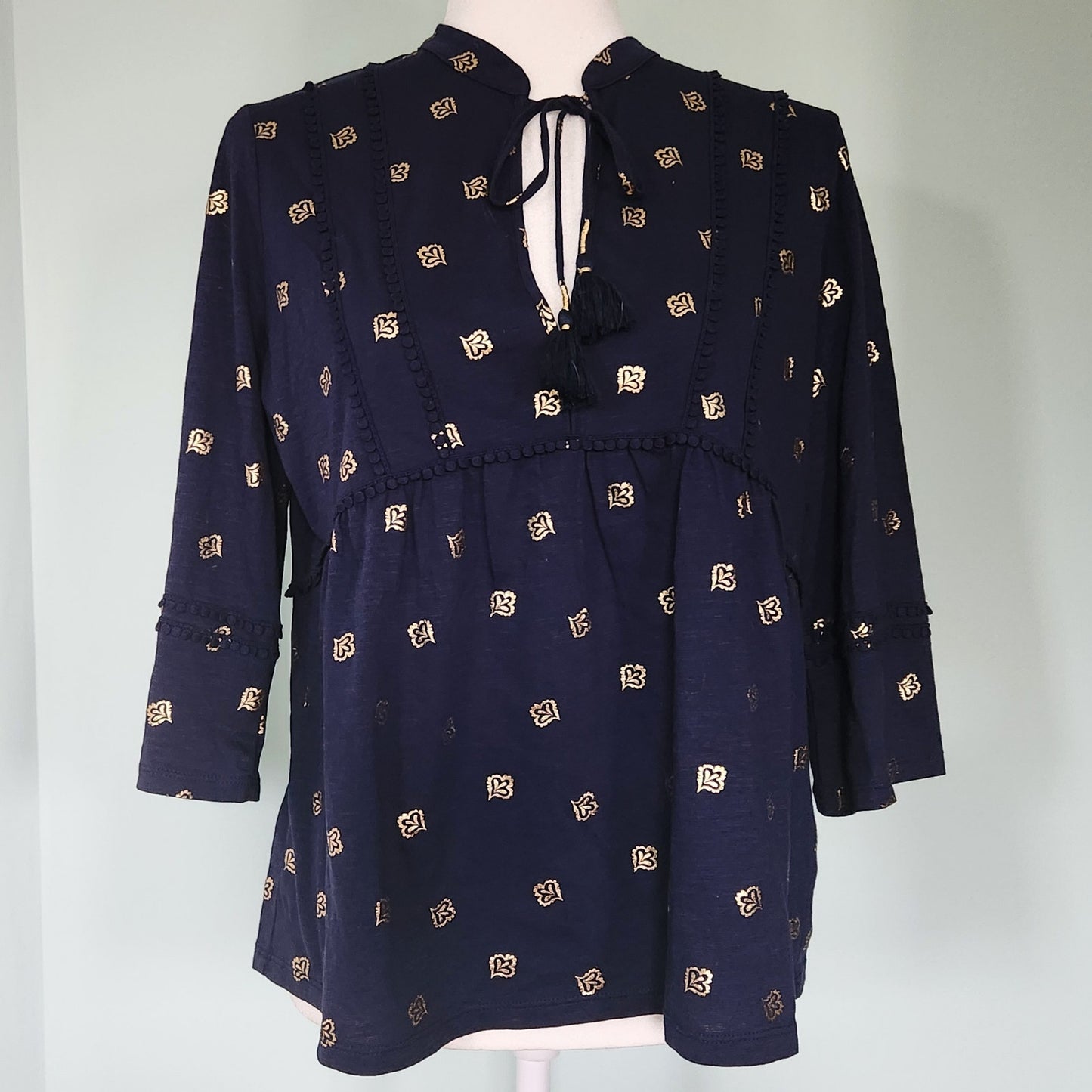Boden Boho Women's Tassel Tie Blouse Navy Gold Print 100% Cotton Petite 10P Bohemian Top