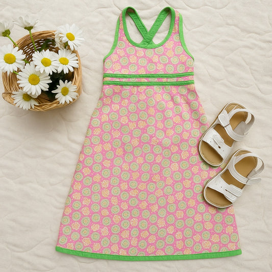 Vintage 1990s Lilly Pulitzer Girls Dress – Pink, Lime Green and Yellow Sand Dollar Floral Print – Sleeveless Cotton Sundress | Size 5