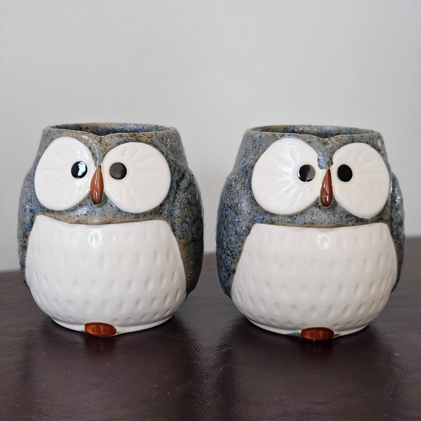 Vintage Owl Teapot Set with 2 Cups – 1970s Japanese Stoneware – Speckled Blue – Otagiri Style