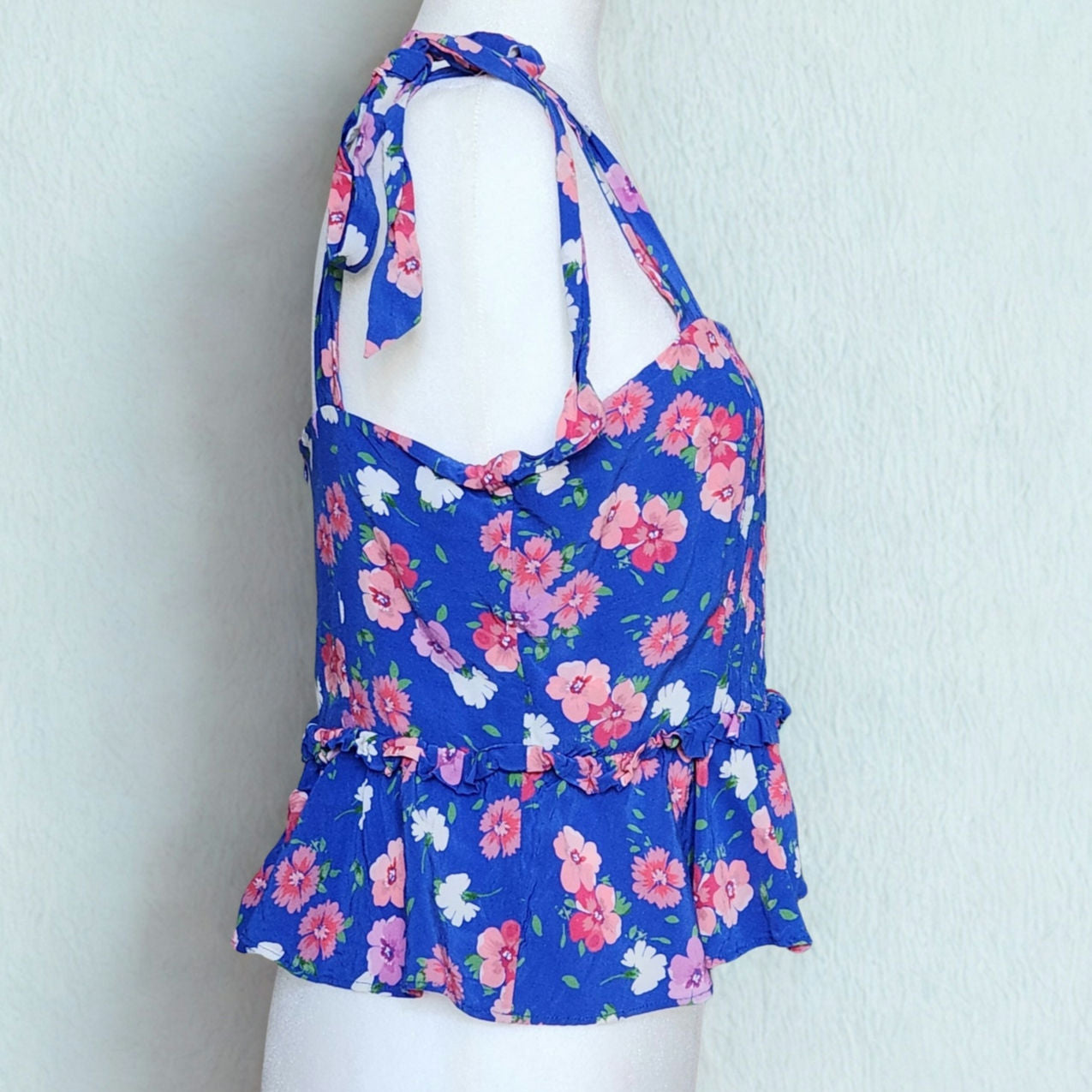 Yumi Kim Women's Blue Floral Tie Strap Peplum Aroma Top Size L