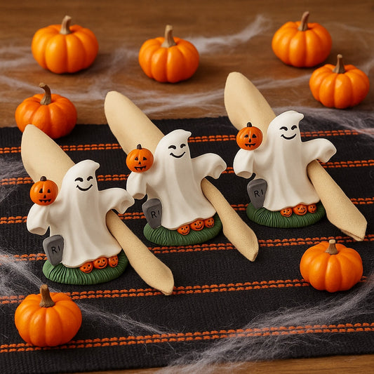 Set of 3 Vintage Halloween Ghost Napkin Rings – Jack-o’-Lantern Pumpkin & Tombstone Stoneware – Spooky Table Home Decor