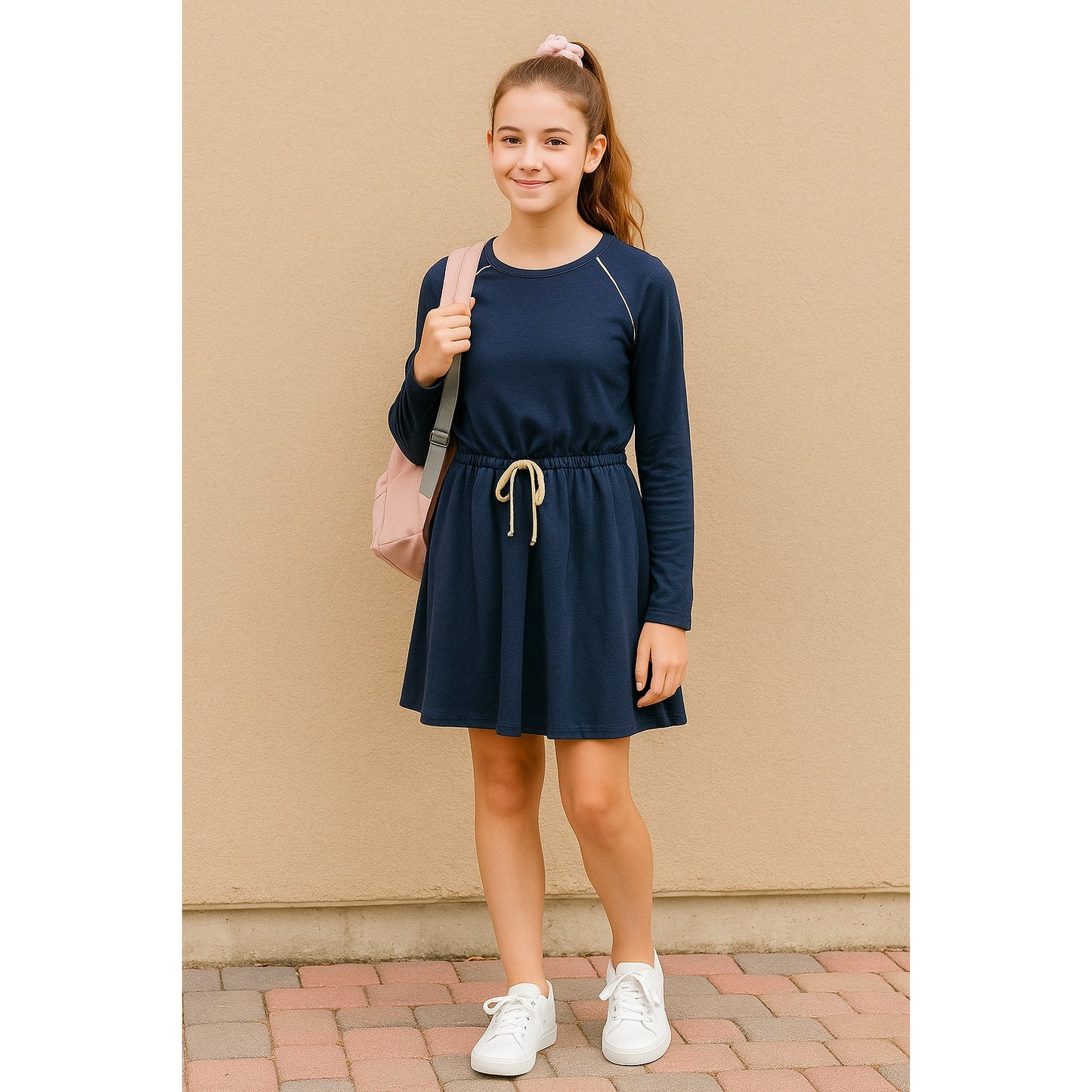Girls Blue Long Sleeve Drawstring Waist Gold Trim Skater Dress | Size 13-14Y