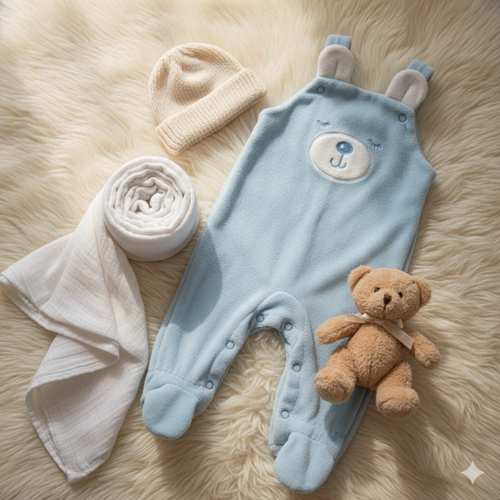 1980s Velour Baby Blue Bear Footie Overalls – Size 0-3 Months (Up to 13 lbs)