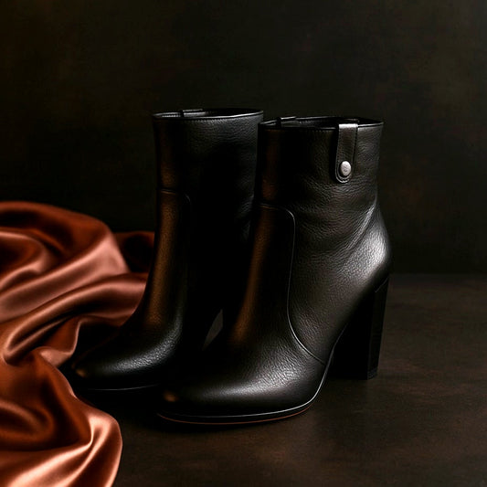 Black Pebbled Leather Heeled Ankle Booties with Pewter Stud | Women's 7.5 | NWOT