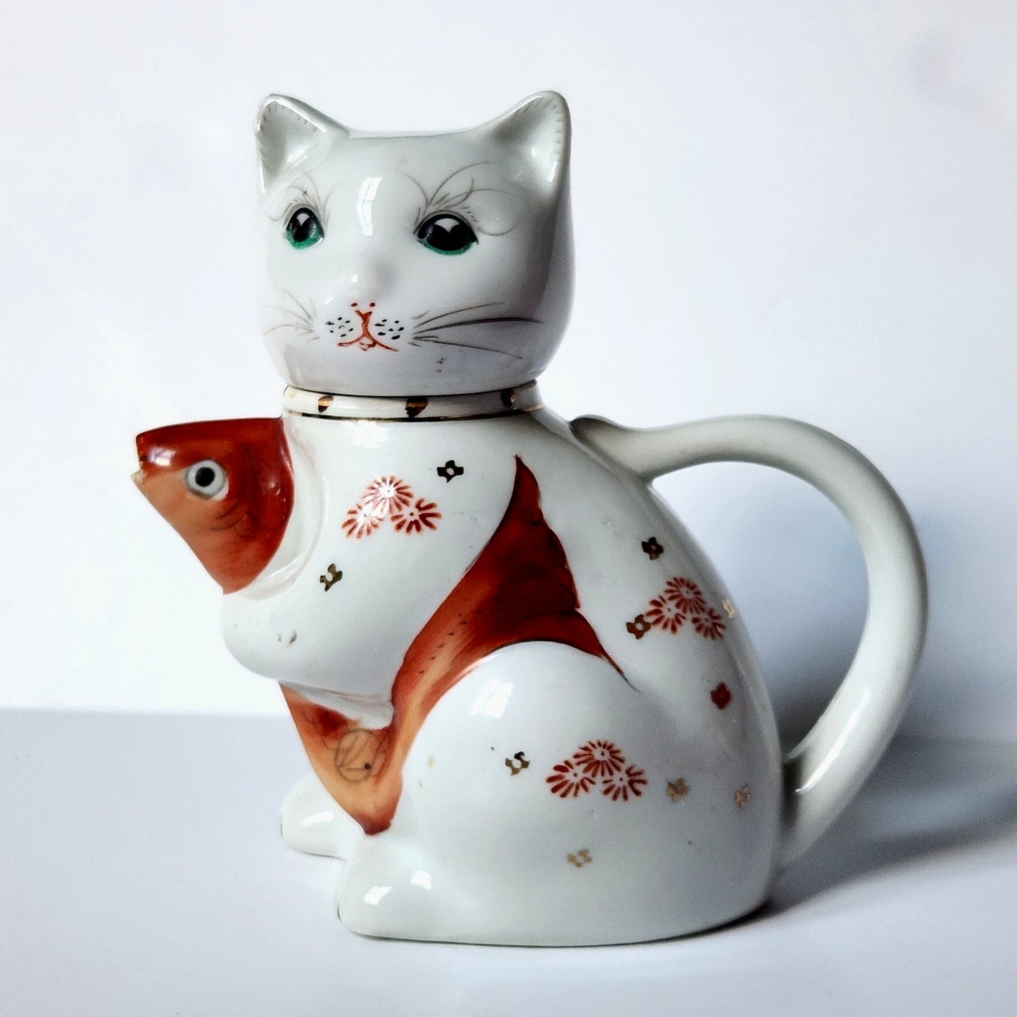 Vintage Cat & Koi Porcelain Teapot • Hand-Painted Lid/Spout • Metallic Gold