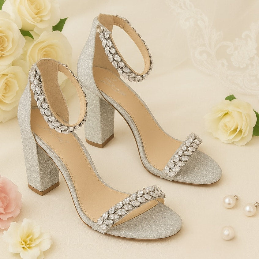 Jewel by Badgley Mischka Women’s Mayra Ankle Strap Evening Shoes – Silver – Size 9.5