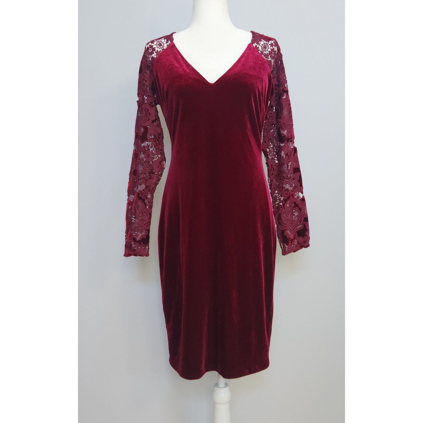 Badgley Mischka Burgundy Velvet Lace Sleeve Cocktail Dress