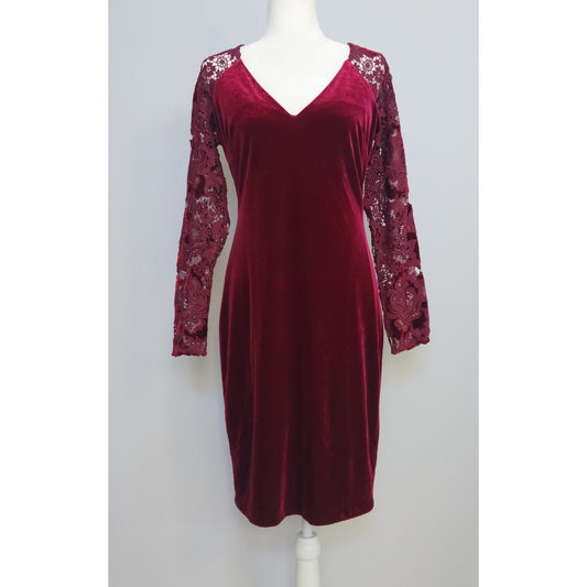 Badgley Mischka Burgundy Velvet Lace Sleeve Cocktail Dress