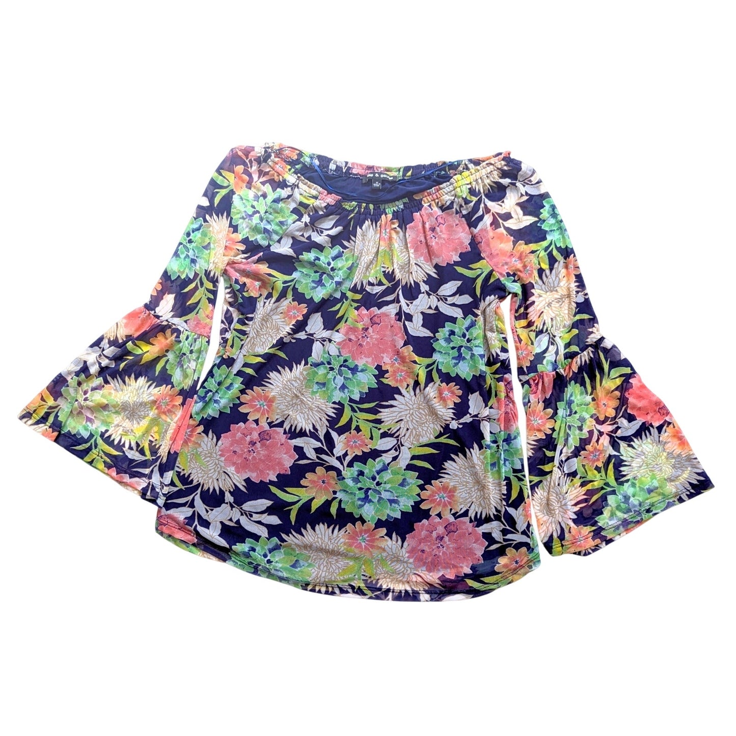 🌸 Cable & Gauge Off-Shoulder Mesh Floral Blue Blouse – Women's Size Medium
