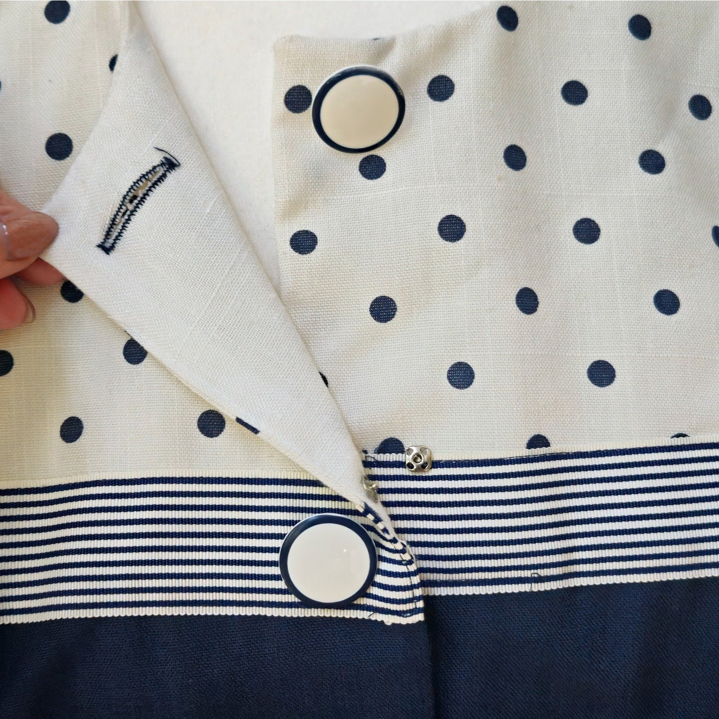 Vintage 1990s Damon Petite Navy and White Polka Dot Dress | Women's 10 | Union Made USA