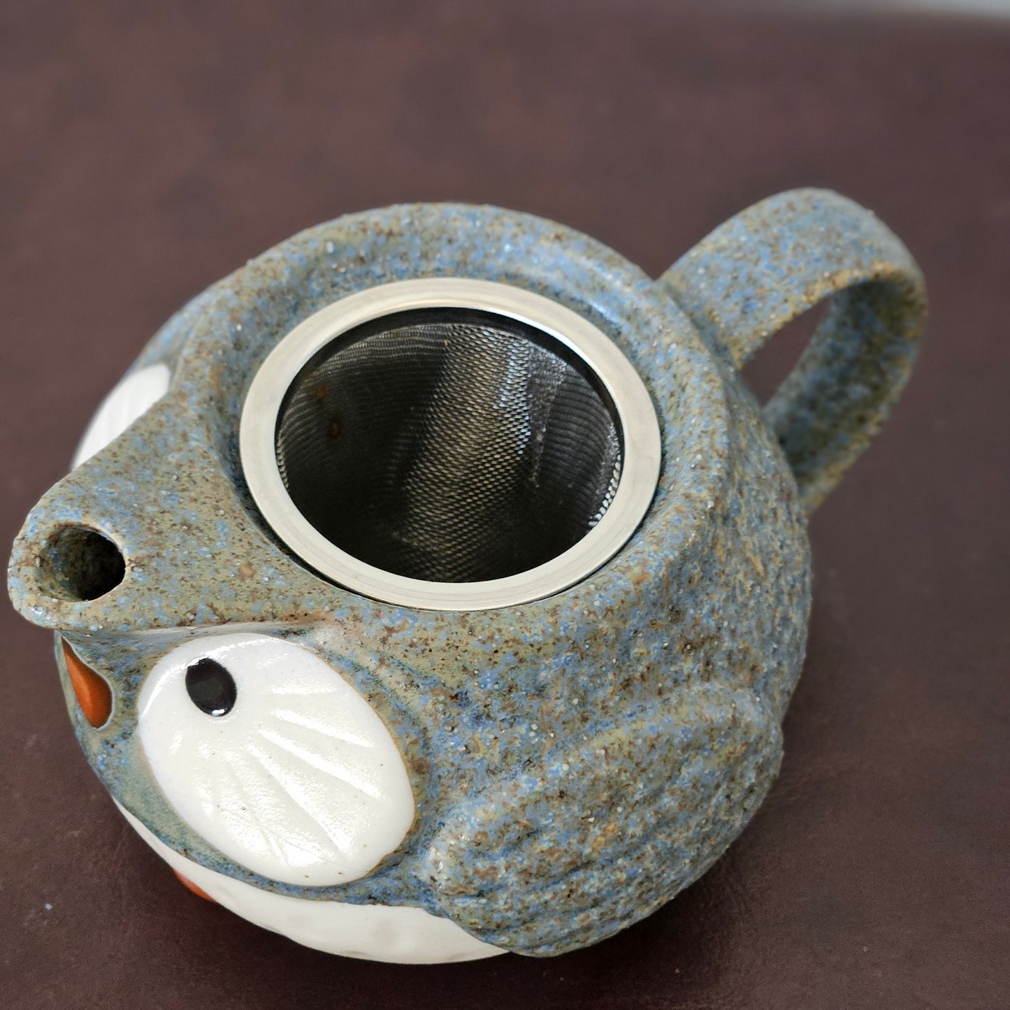 Vintage Owl Teapot Set with 2 Cups – 1970s Japanese Stoneware – Speckled Blue – Otagiri Style