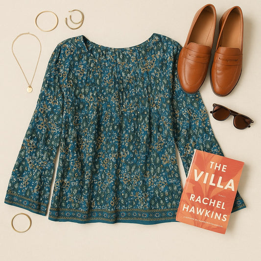 🛍️ Max Studio Women’s Green Floral Crepe Pleated Long Sleeve Blouse – Size L