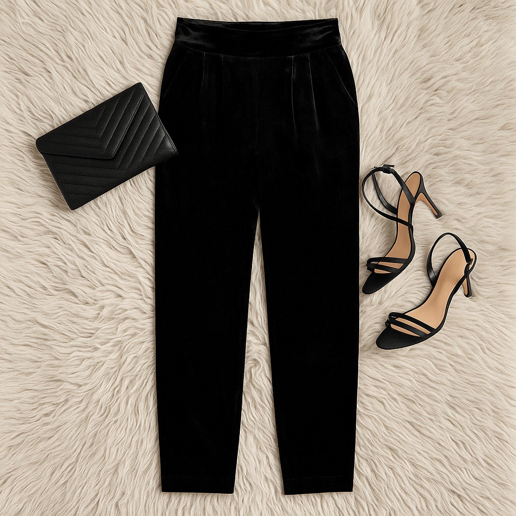 🖤 Ramy Brook Clarke Black Velvet Pants – High Waisted – Viscose Silk Blend – Women's Medium