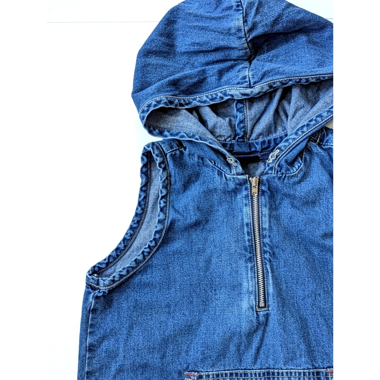 Vintage 90s GAP Girls Denim Hoodie Jumper Dress | Kangaroo Pocket, Zipper Front, Dark Blue Wash | Size Large 10-12