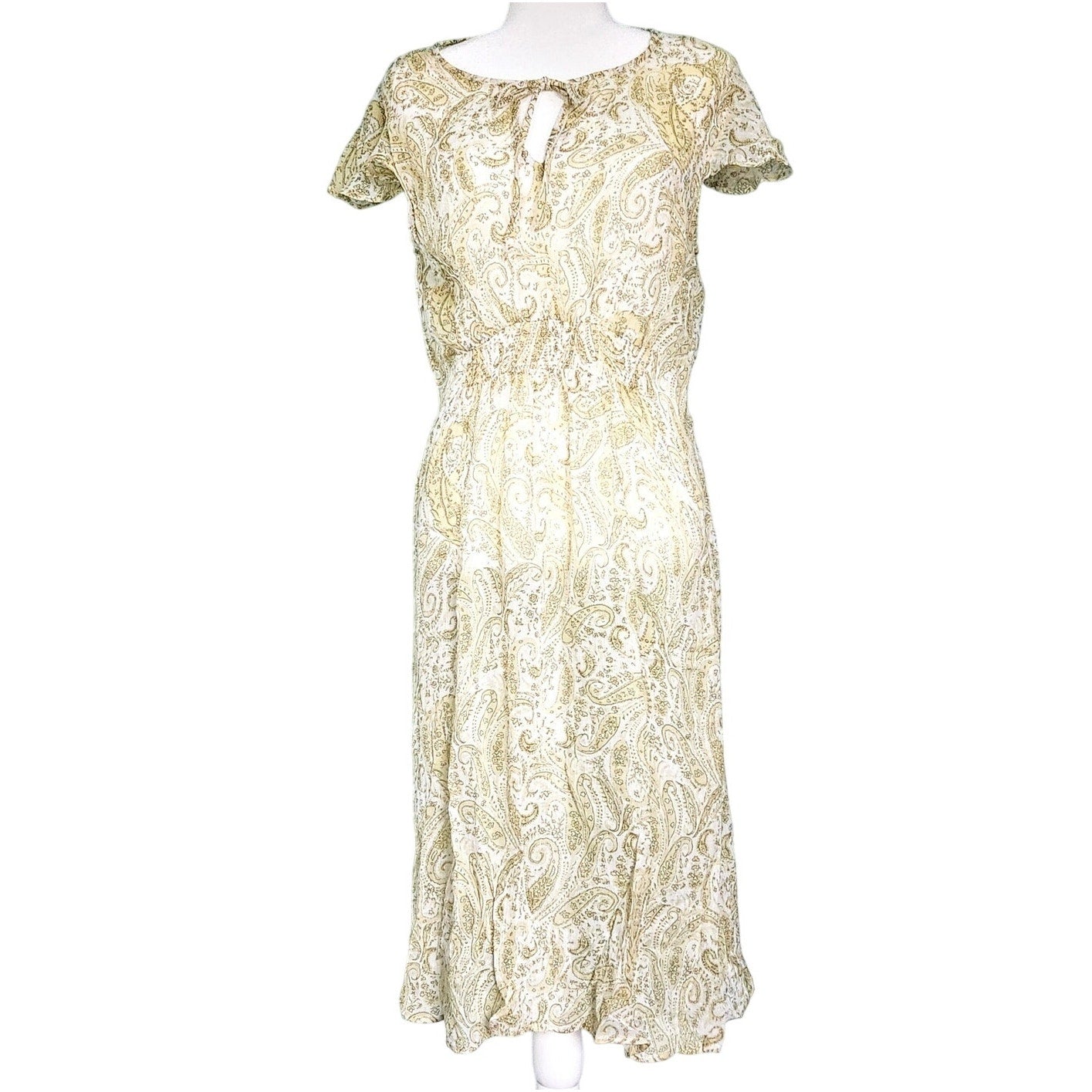 Lucky Brand Yellow Paisley Boho Midi Dress | Women's Size L | Short Flutter Sleeves Lightweight Summer