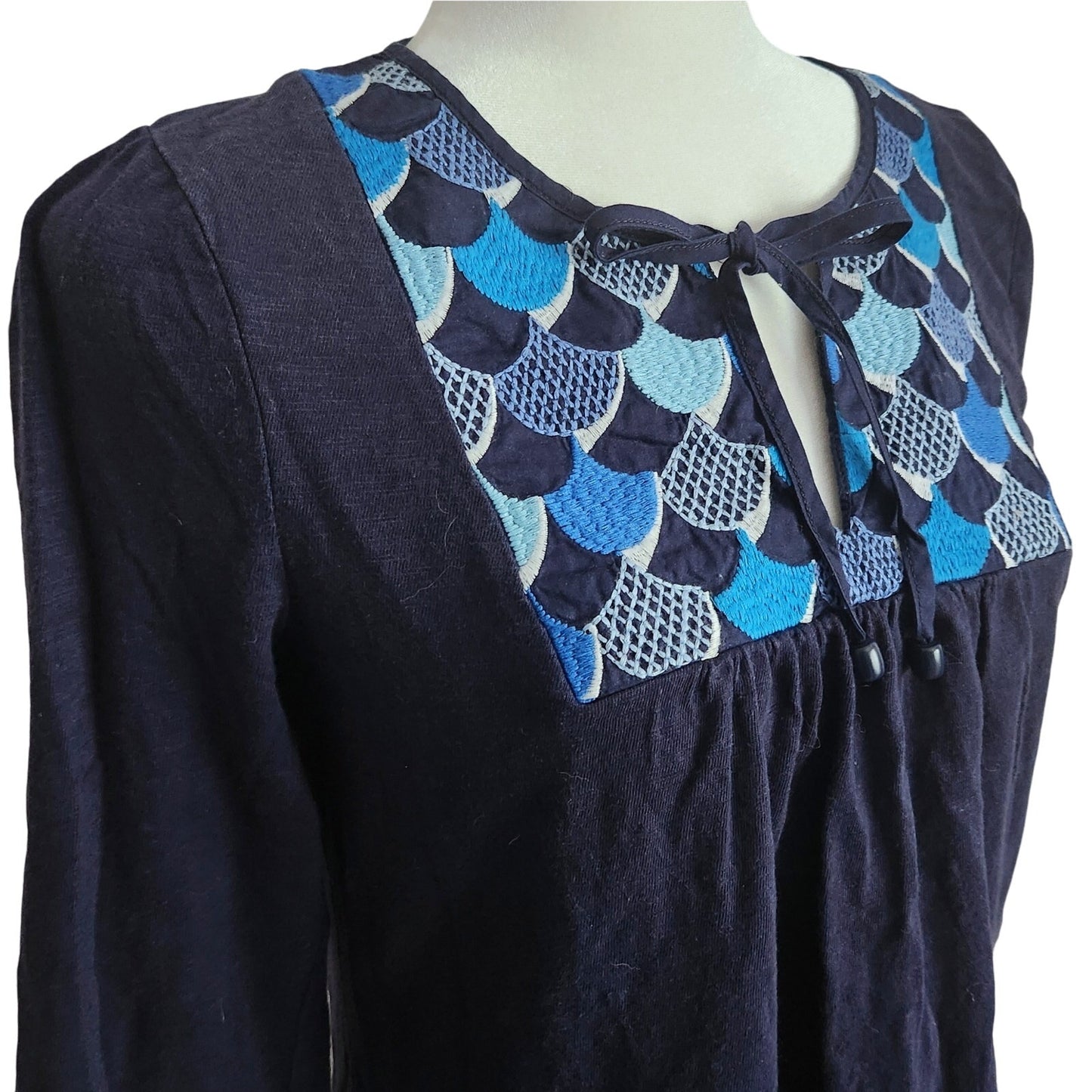 Boden Women's Blue 3/4 Sleeve Cotton Boho Embroidered Bib Tunic Top US 6 | UK 10