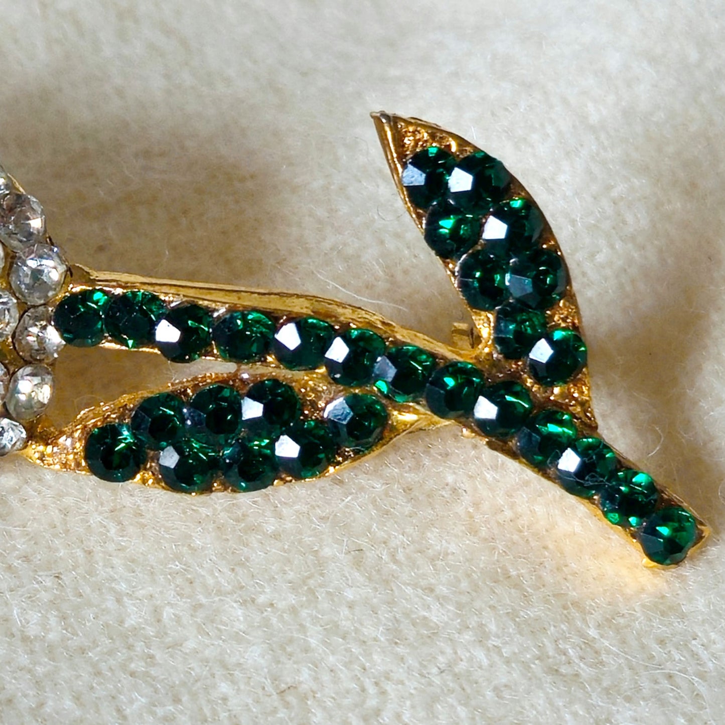 Vintage Jonette JJ Rose Brooch | 1980s Gold Tone Rhinestone Flower Pin | Emerald Green & Clear Crystal