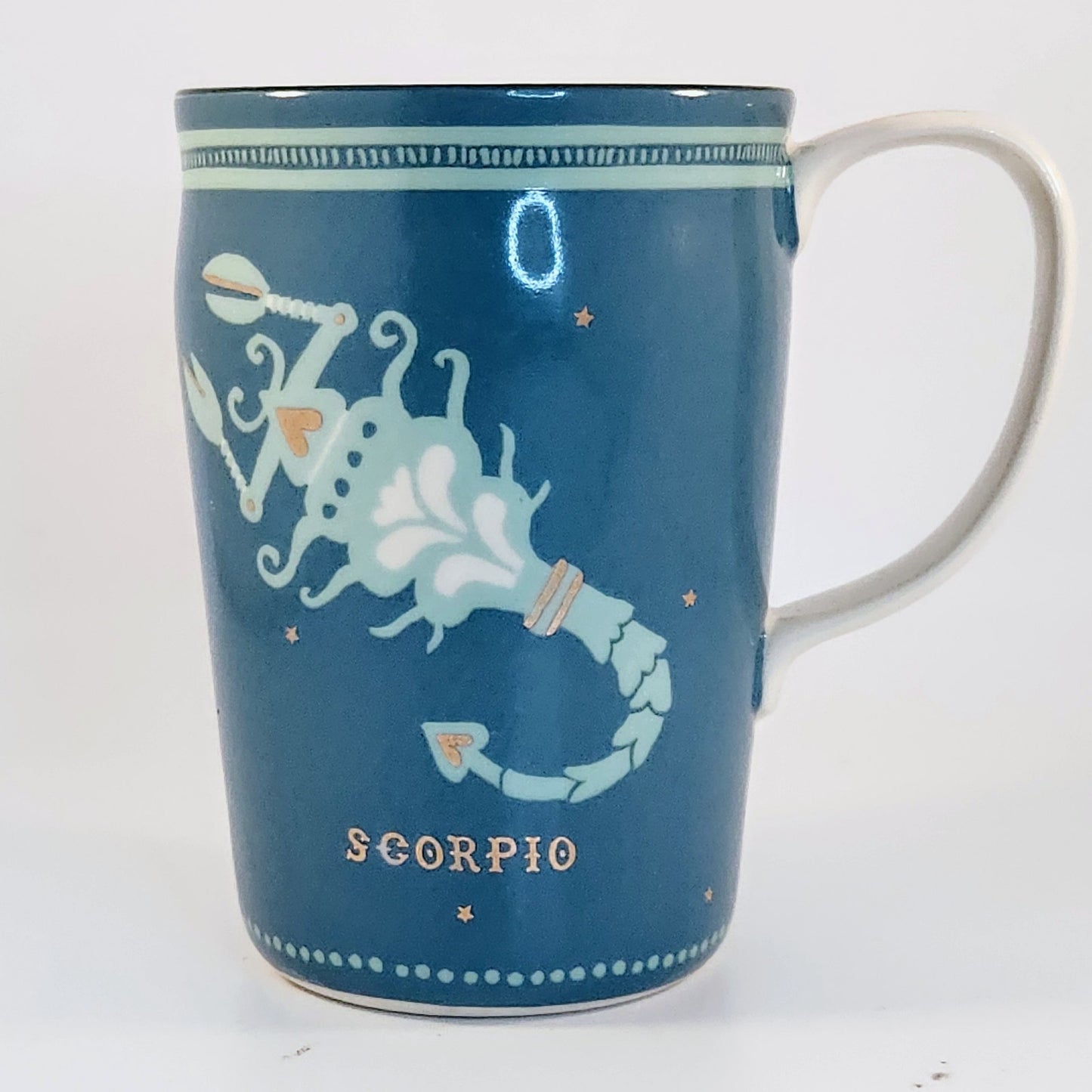 Anthropologie Danielle Kroll Teal & Metallic Gold Zodiac "Scorpio" Mug 14 oz