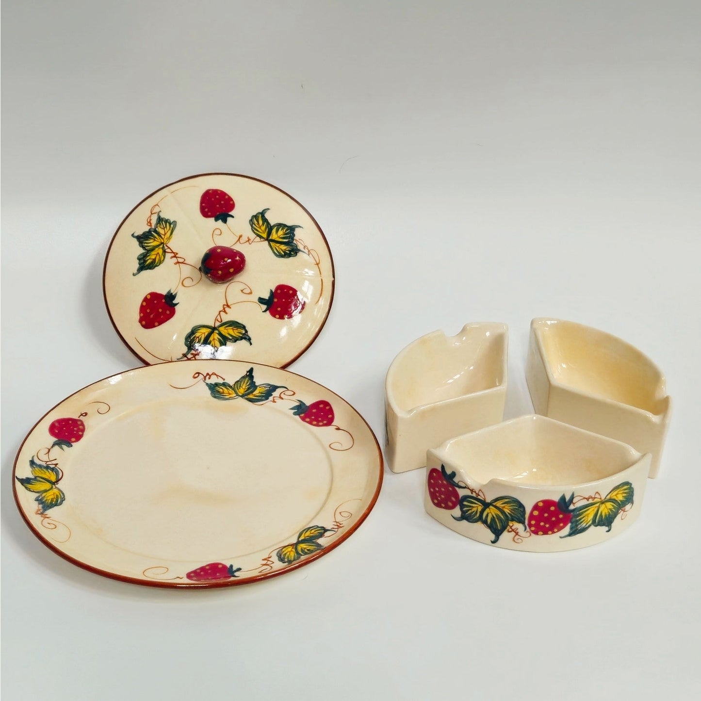 Vintage Hand-Painted Ceramic Strawberry Trio Server