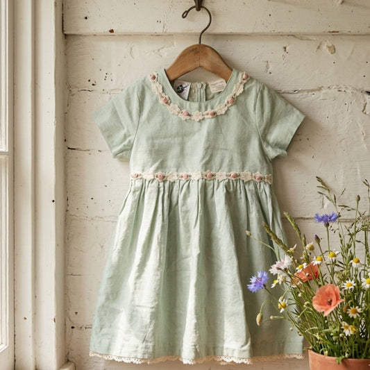 Vintage Good Lad Linen Toddler Dress – Size 4T – Mint Green Heirloom Cottagecore Flower Trim