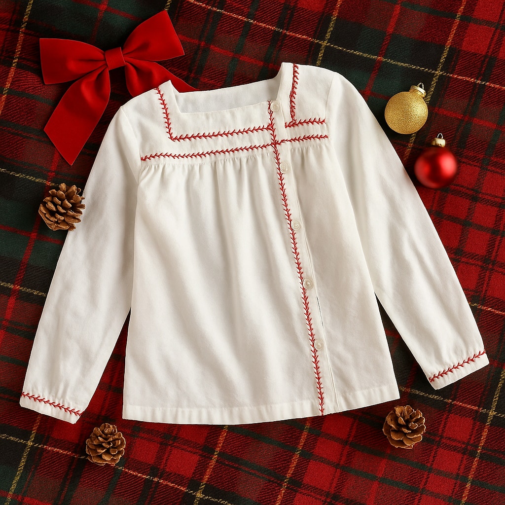 Jacadi White Flannel Long Sleeve Blouse Button Up Red Vine Trim | Girls Size 8 Y