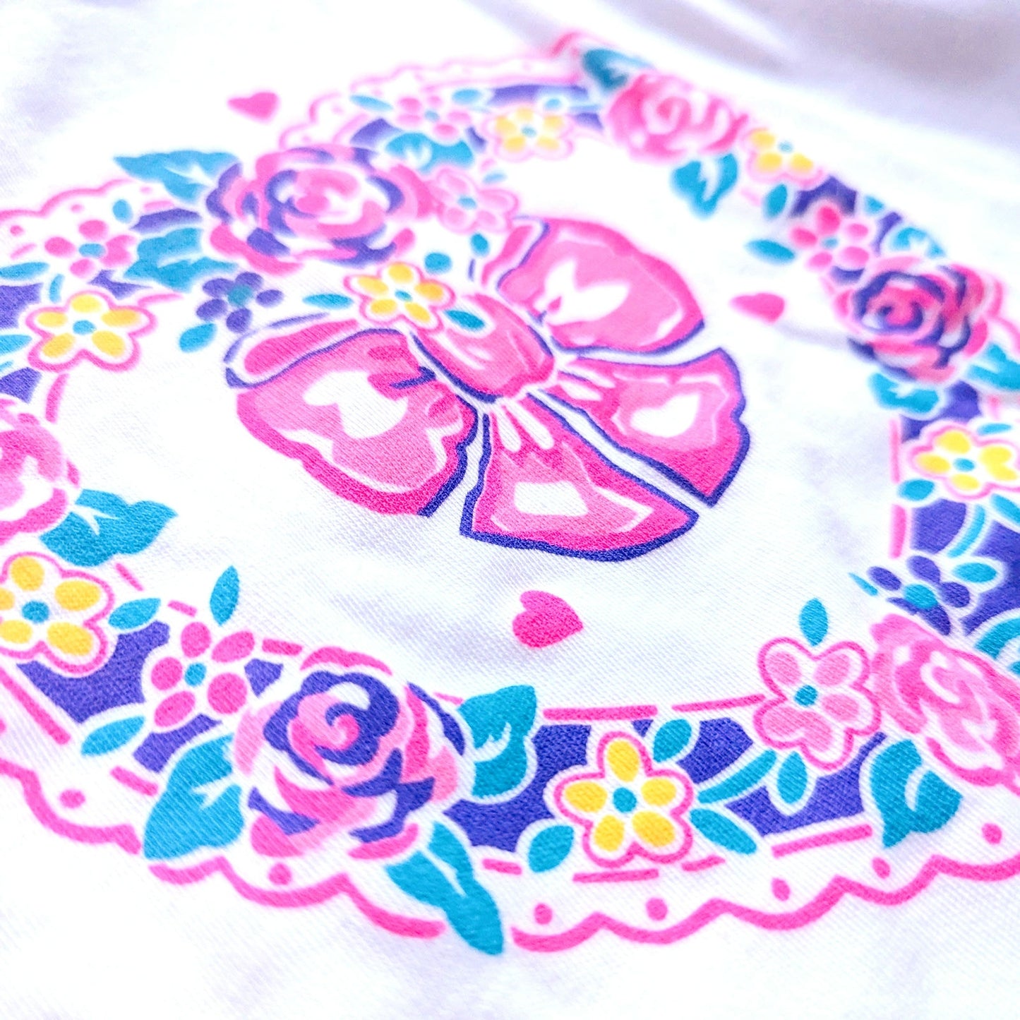 Healthtex Vintage 1980s Girls Mock Turtleneck Shirt – White Long Sleeve, Heart Wreath Bow Print, Retro Toys R Us – Size 5 – Made in USA NWT