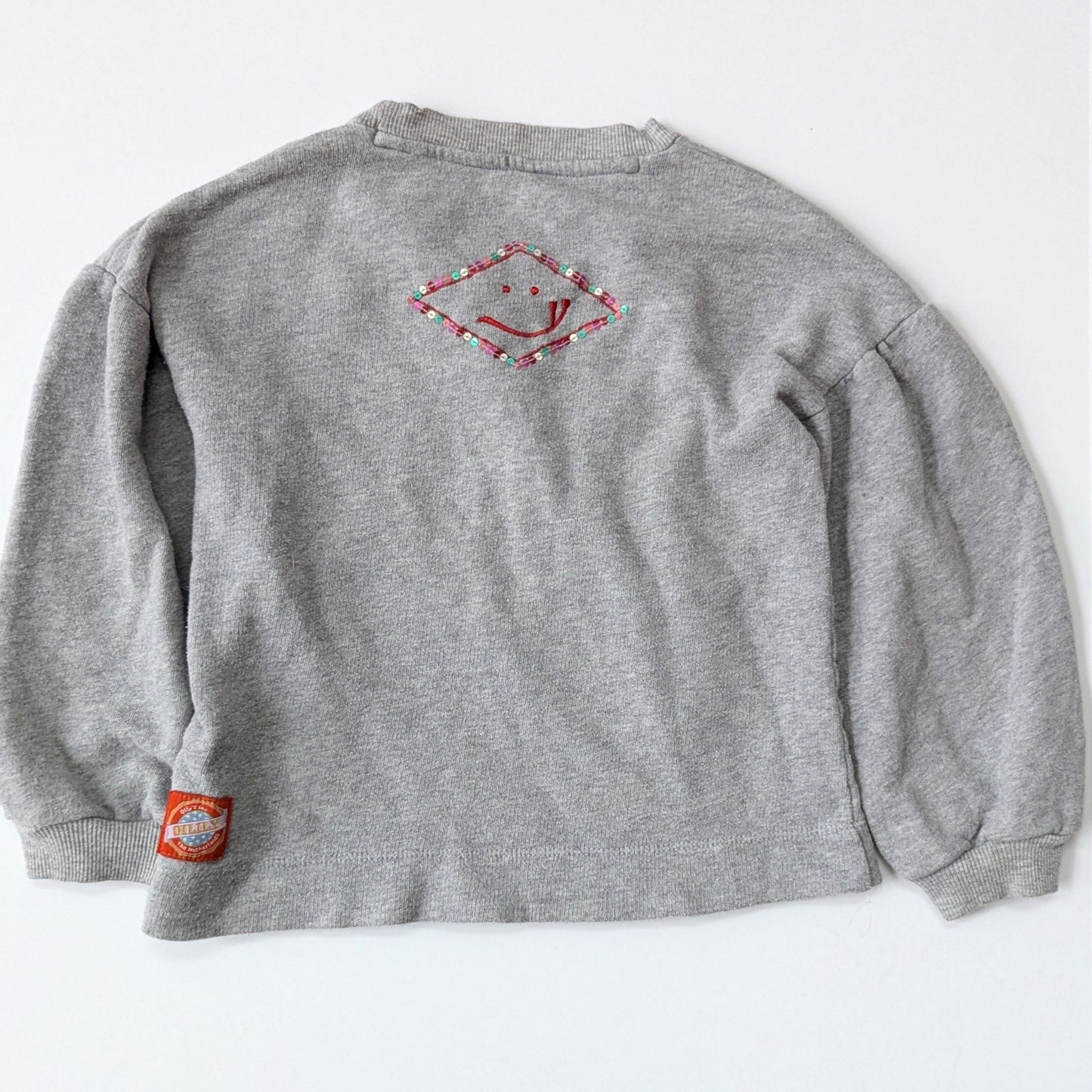 Oilily Believe Sweater Gray Crewneck Girls Size 7 | 122cm Sequins & Embroidery Puff Sleeve Cotton