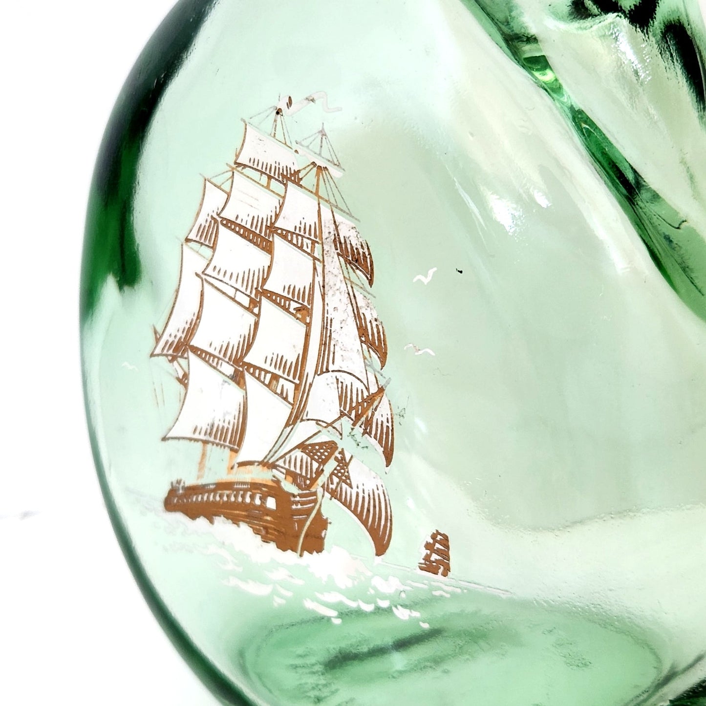 MCM Vintage Old Fitzgerald Green Glass Flagship Decanter Bottle – Tall Ship Design – Collectible Nautical Barware