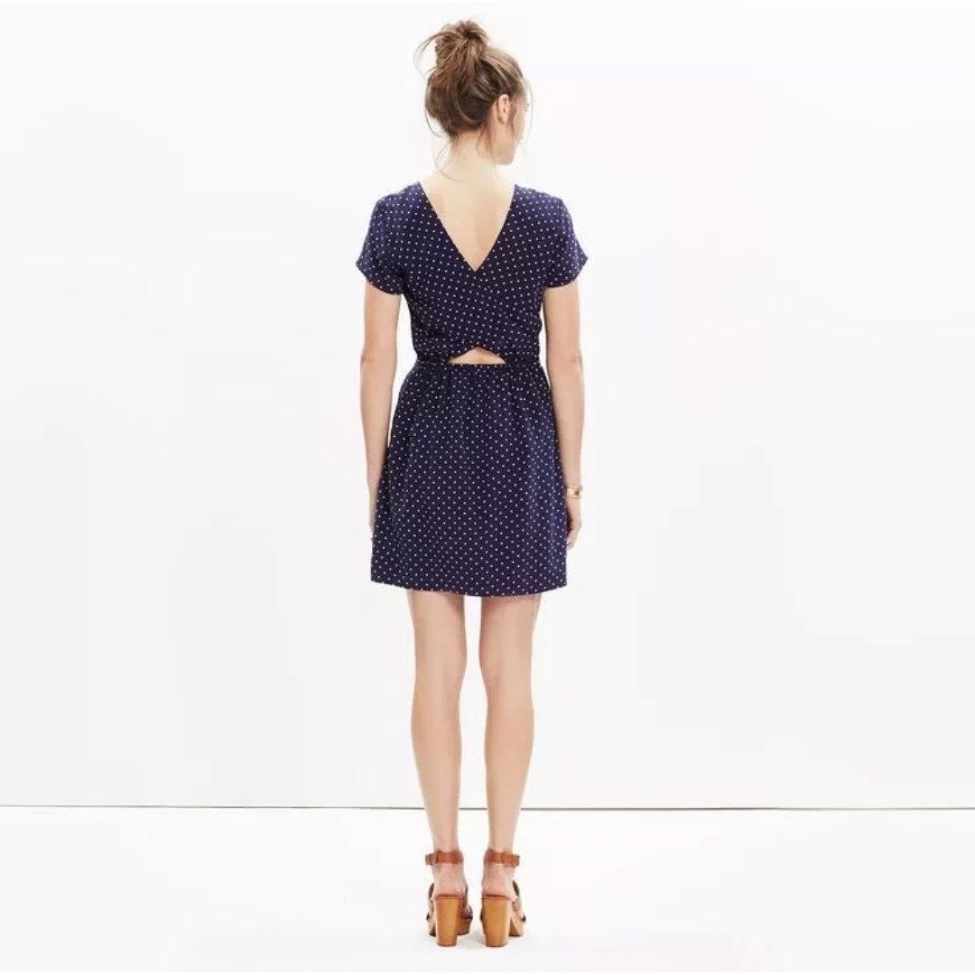 Madewell Silk Cross-Back Dress | Dots & Stars Print | Midnight Blue | Women Size 2 | Short Sleeve Lined Party Brunch Dress