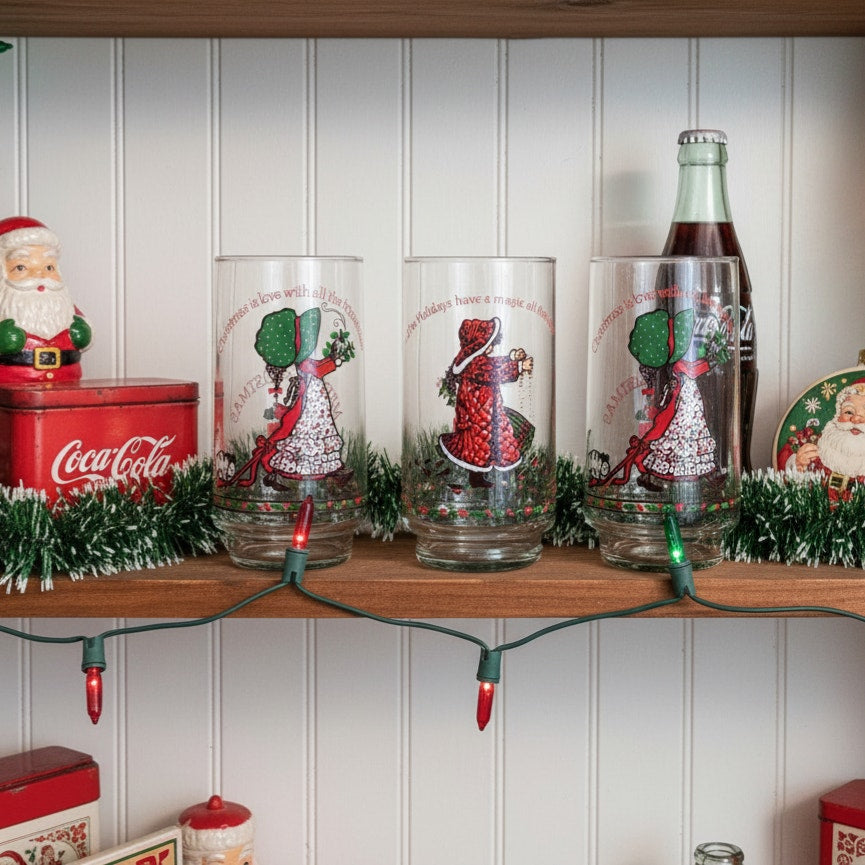 1981 Holly Hobbie Christmas Glasses – Limited Edition Coca-Cola Holiday Collection – Set of 3