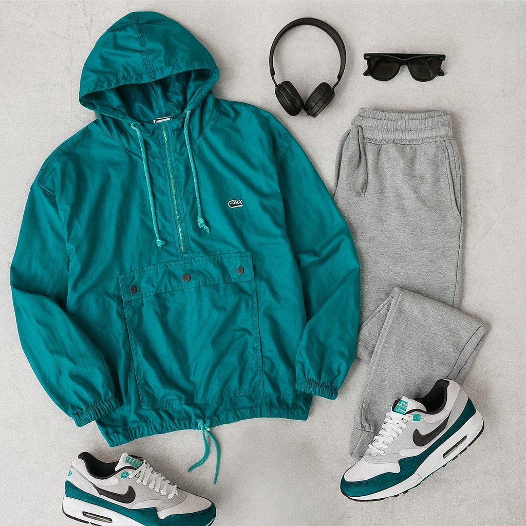 Vintage 80s Lacoste Teal Windbreaker Jacket | Size Large | Retro Nylon Pullover Hoodie