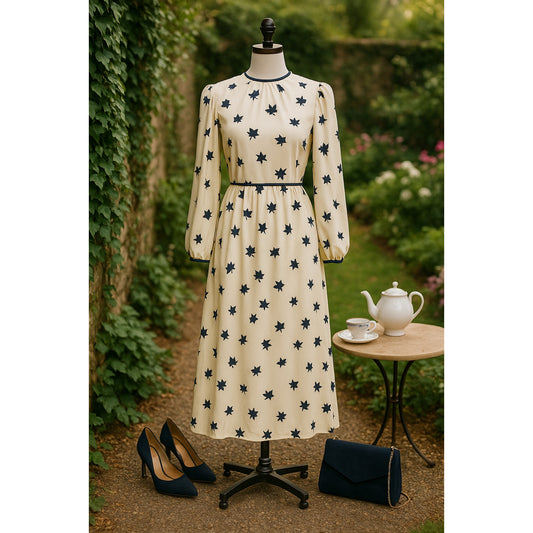 Vintage 70s Dress Ivory Navy Maple Leaf Print | Long Sleeve Bishop Sleeve Modest Retro Size 4