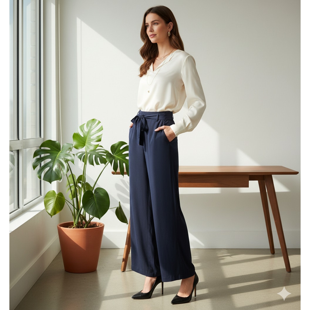 Michael Kors Wide Leg Pants Navy Blue Viscose Tie Waist | Women's 10