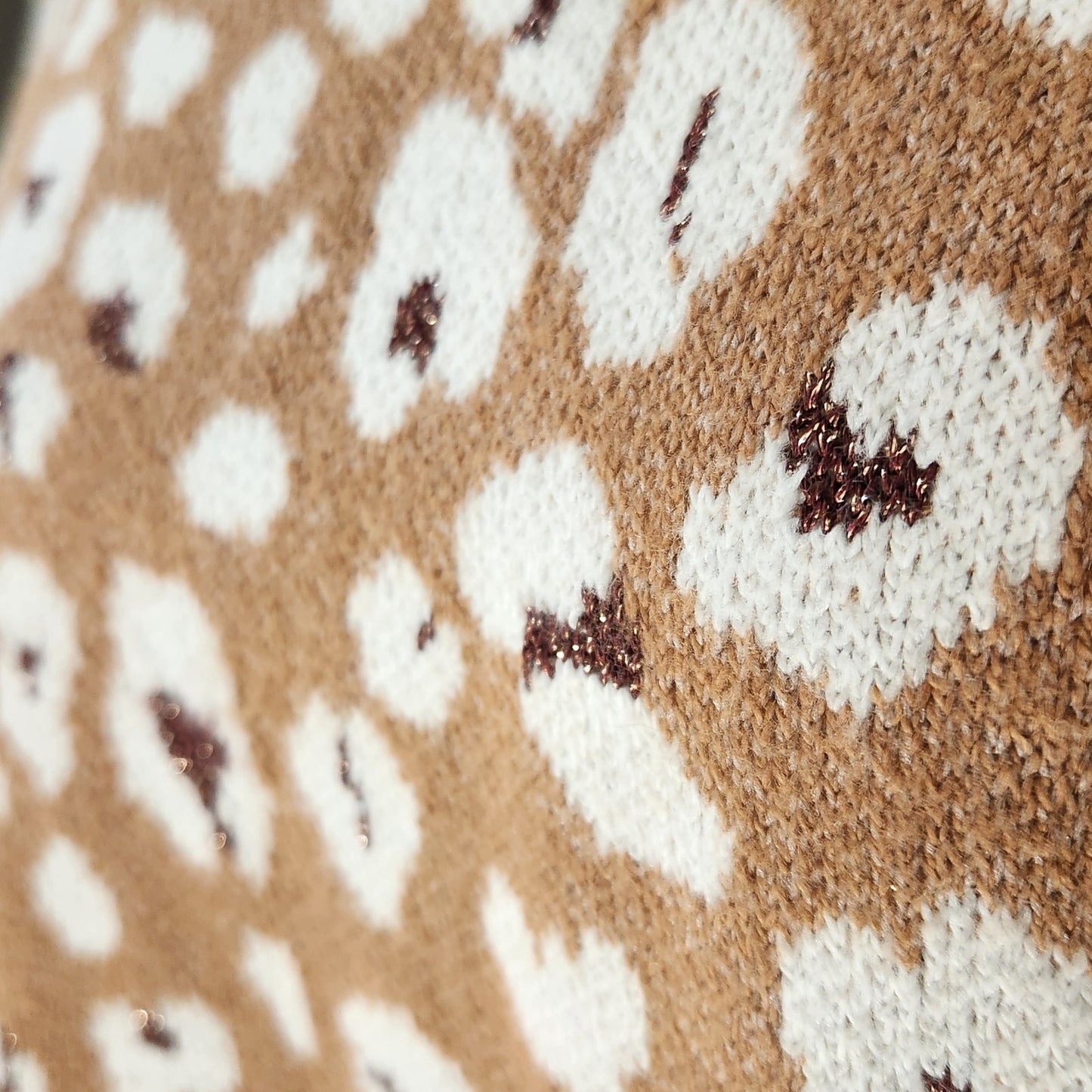 Leopard Print Mock Neck Sweater | Tan & White Metallic Accent | Women's M