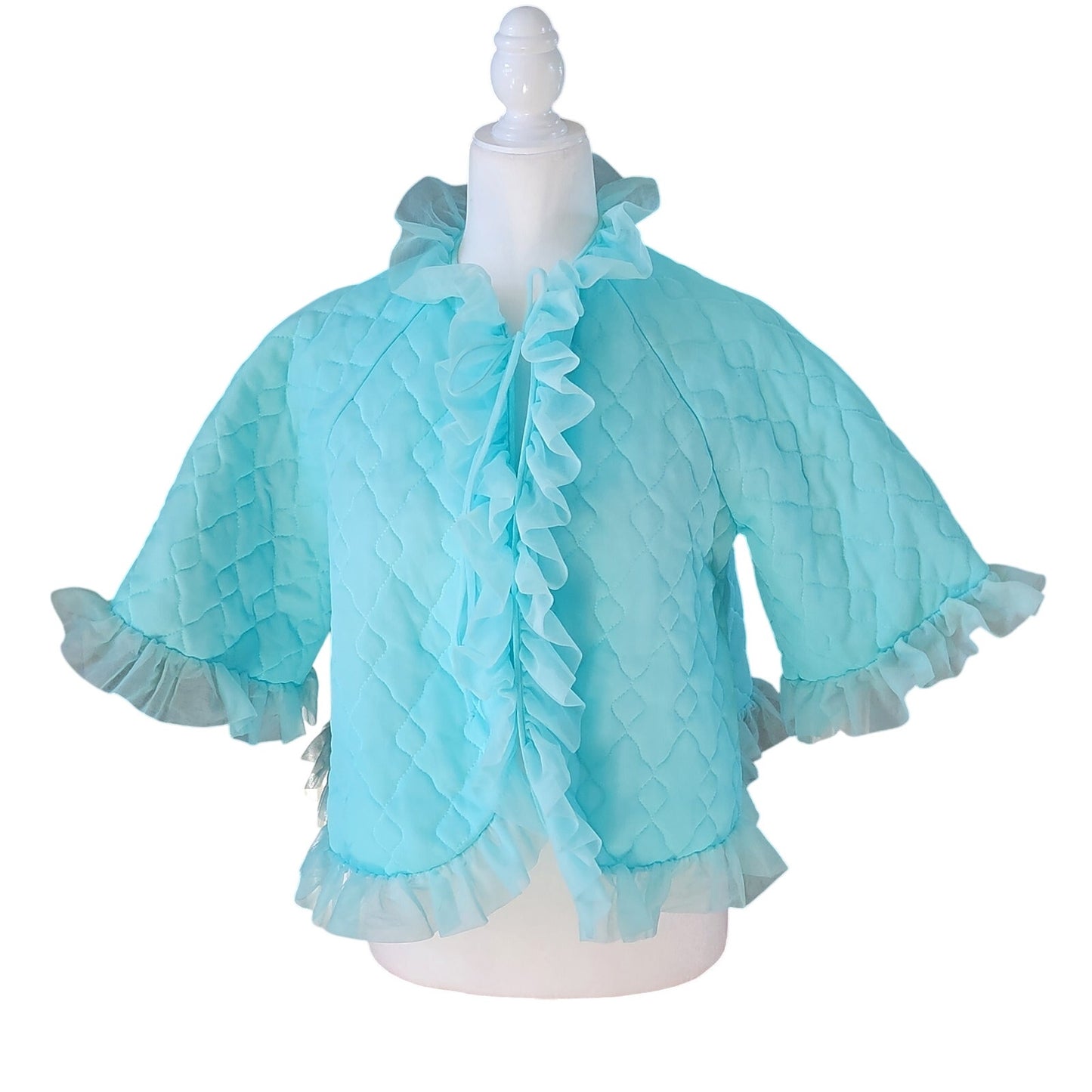 1960s Aqua Blue Quilted Nylon Bed Jacket with Ruffle Trim | Made in California | Women's M