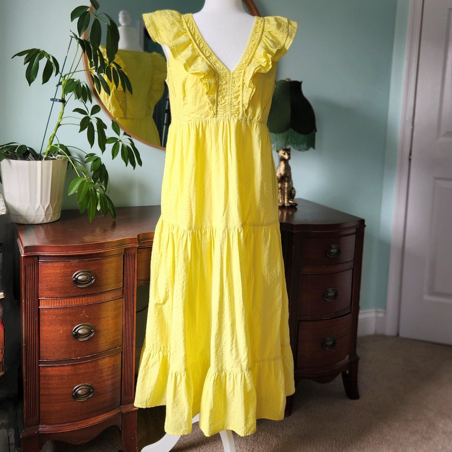 Hatley Women's Yellow Swiss Dots Smocked Ruffles Aria Midi Dress Size M 100% Cotton