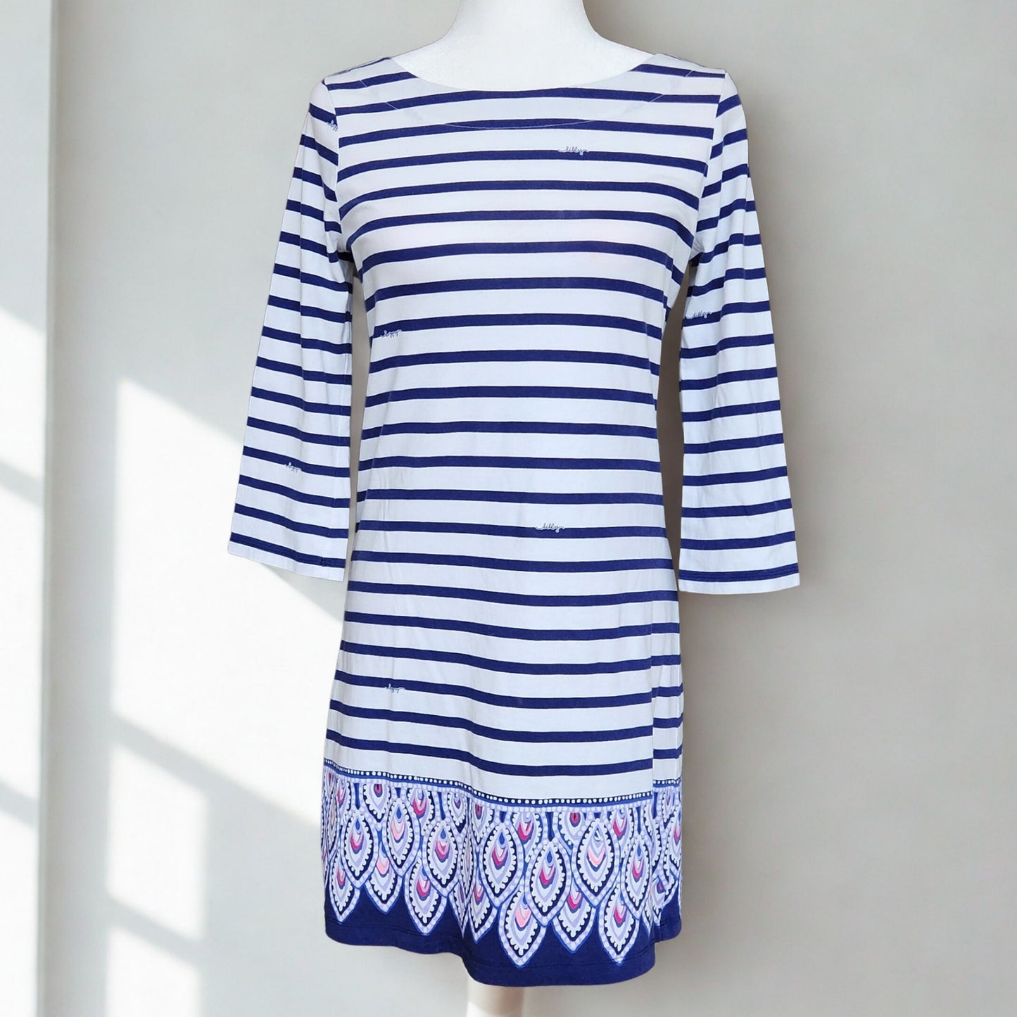 Lilly Pulitzer Beacon Blue Serene Striped Peacock Engineered Dress – Women's Small