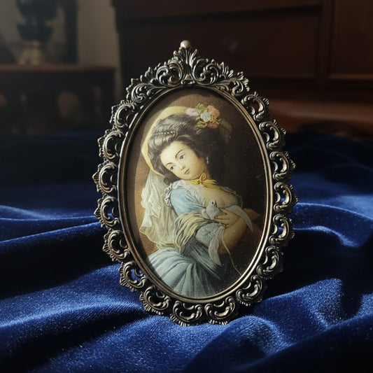Mid-Century Victorian Lady with Dove Ornate Oval Convex Bubble Glass Portrait