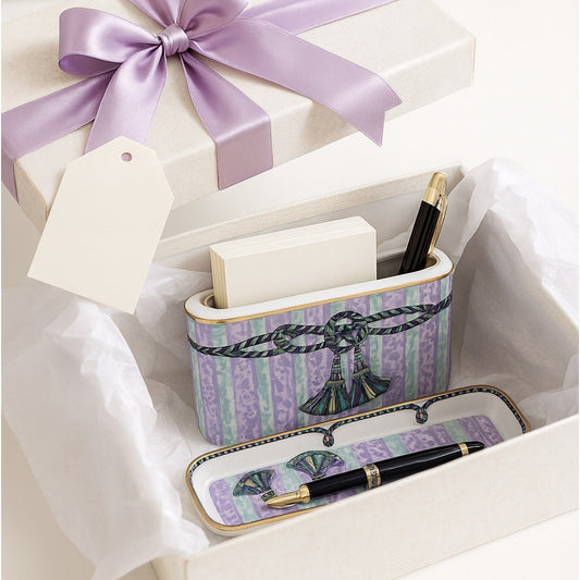 Neiman Marcus Desk Set Pen & Note Holder w/ Tray, Lavender & Teal Tassel | Vintage 1990s Home Decor