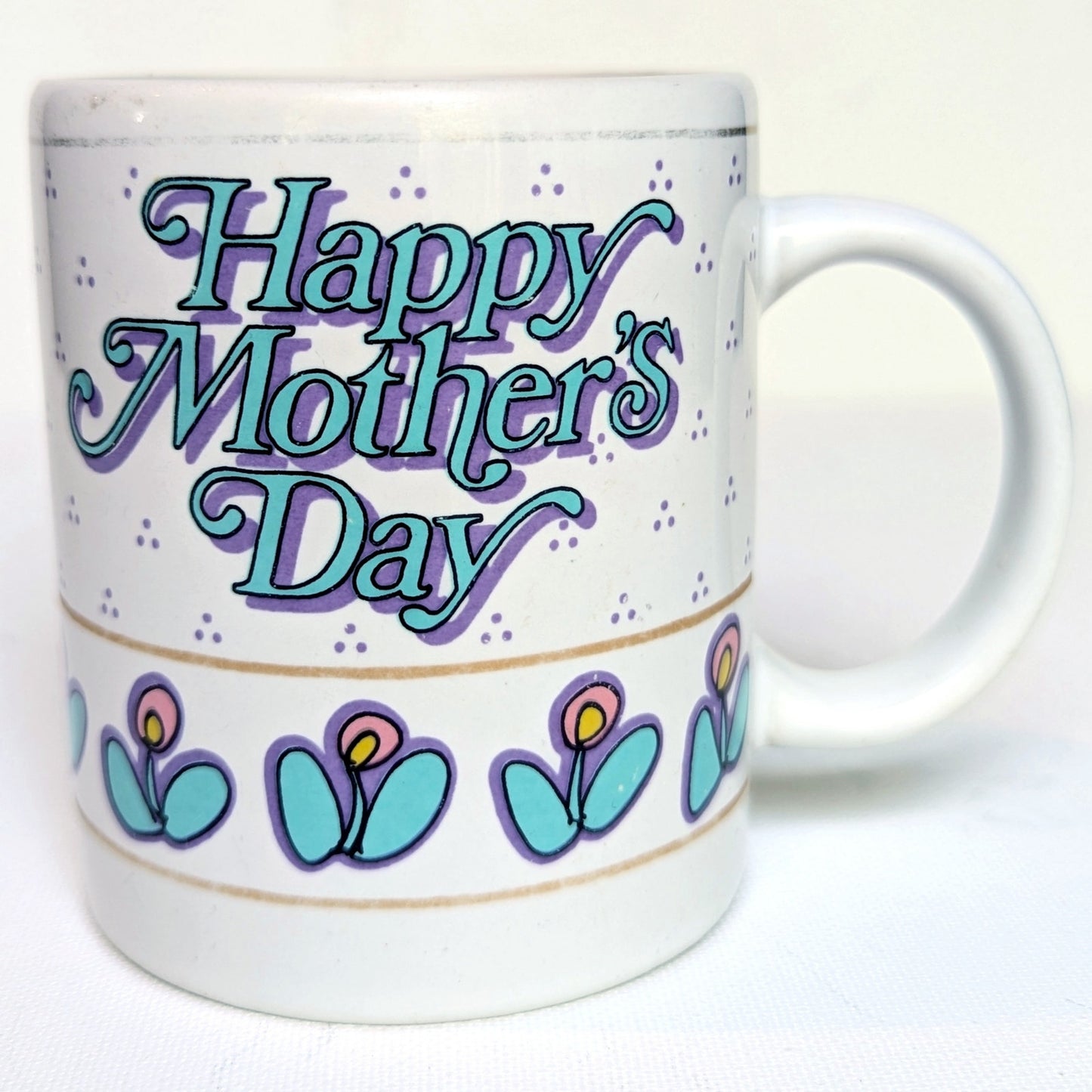 Vintage 1990s Mother’s Day Mug | 1994 Retro Ceramic Coffee Cup | Aqua & Purple Floral Design | Home Gift for Mom