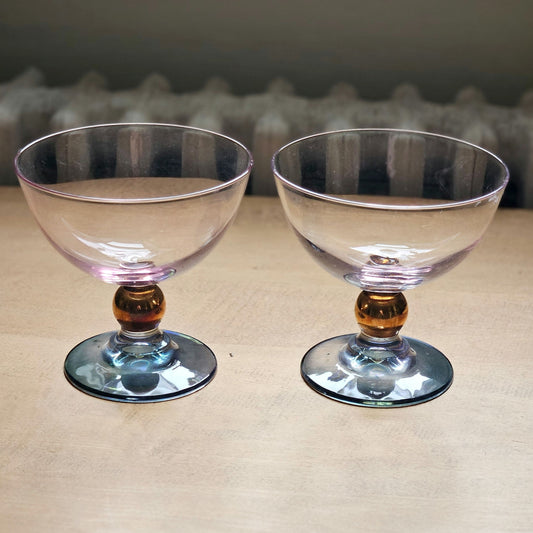 Vintage MCM Blush & Smoke Art Deco Glass Cocktail Coupes – Set of 2 Rose Copper Teal