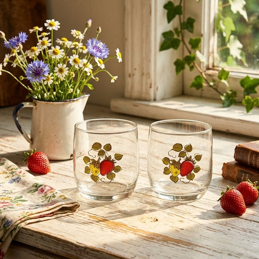 Vintage 1970s Mid Century Strawberry Fields Juice or Rocks Glasses - Pair