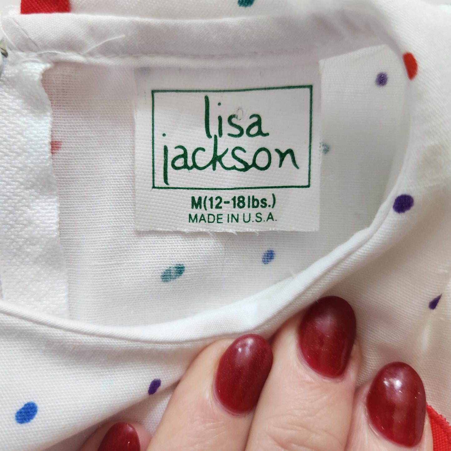 Vintage 1980s Lisa Jackson Baby Girl Dress – Polka Dots & Heart Appliqué, Bib Collar, Tiered Skirt – Size 3-6 Months, Made in USA