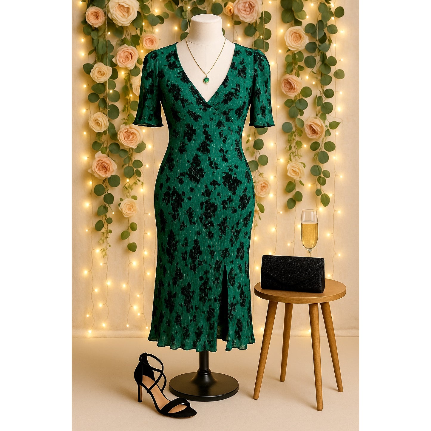 Caroll Paris Women's Green Crinkle Midi Dress Size 6 US | 38 EU