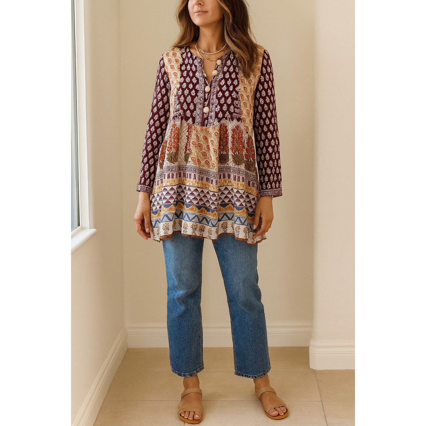 Khaadi Cotton Pom Pom Long Sleeve Flare Tunic Boho Artisan Print | Women Size 8