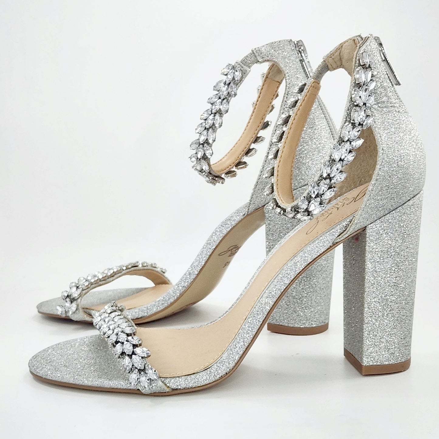 Jewel by Badgley Mischka Women’s Mayra Ankle Strap Evening Shoes – Silver – Size 9.5