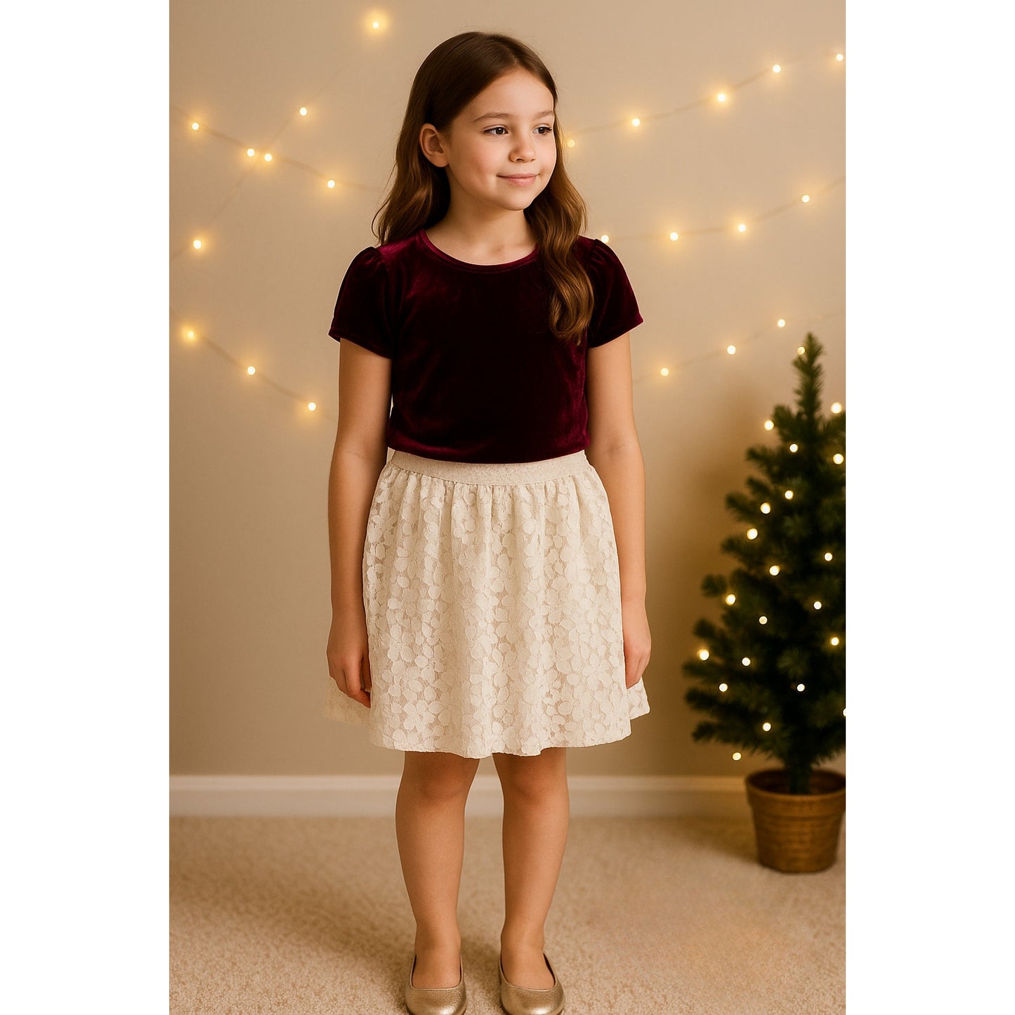 Brooks Brothers Red Fleece Girls Ivory Lace Metallic Adjustable Skirt | Size 12