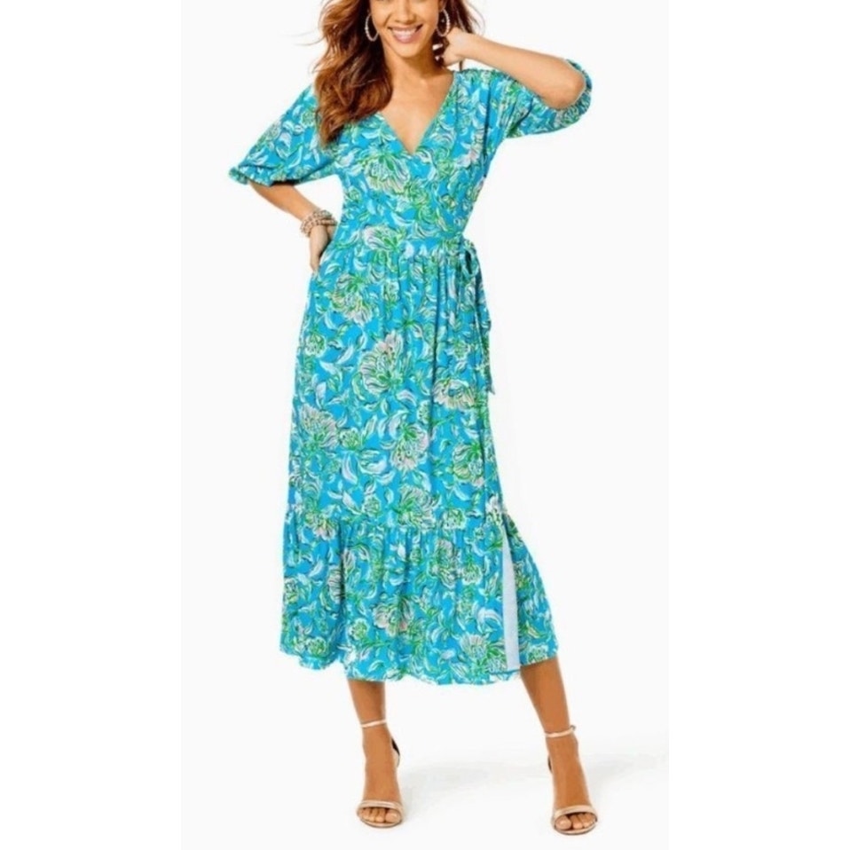 Lilly Pulitzer Women's Brantley Midi Wrap Dress Cumulus Blue Chick Magnet Size Large