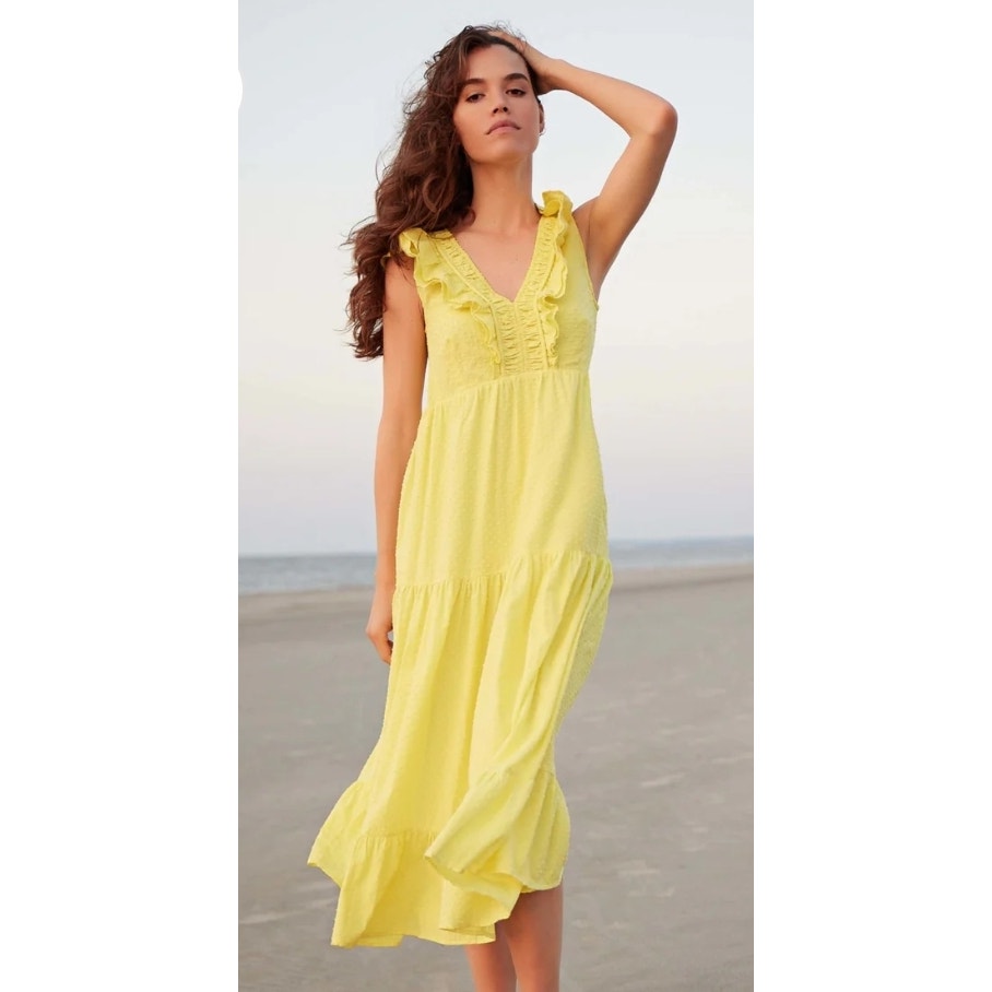 Hatley Women's Yellow Swiss Dots Smocked Ruffles Aria Midi Dress Size M 100% Cotton