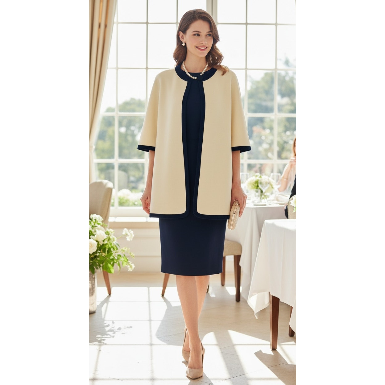 Retro-Inspired Cream Cape Jacket with Navy Trim | Classic Mod Style | Open Front